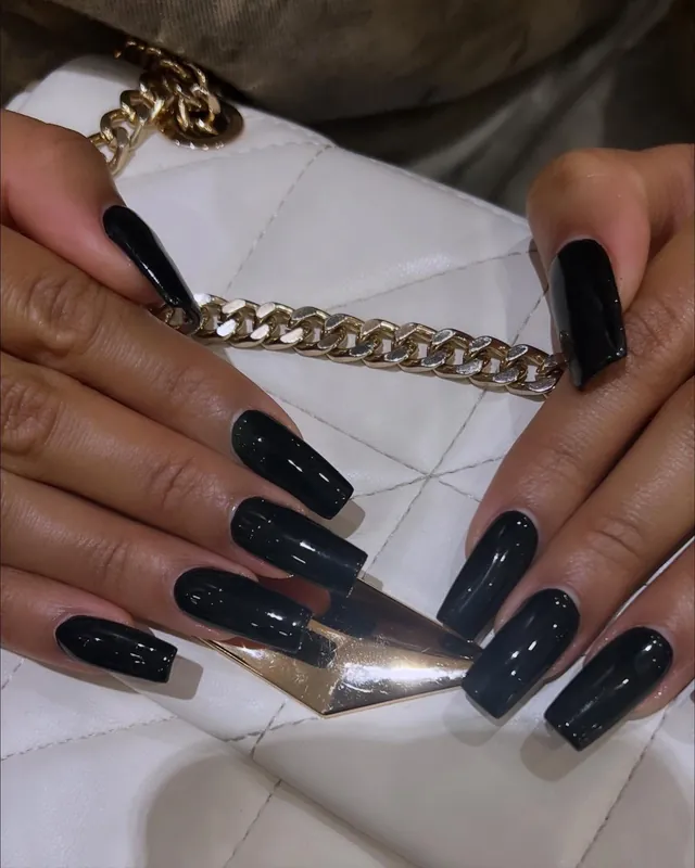 Glossy black square Gel-X nails